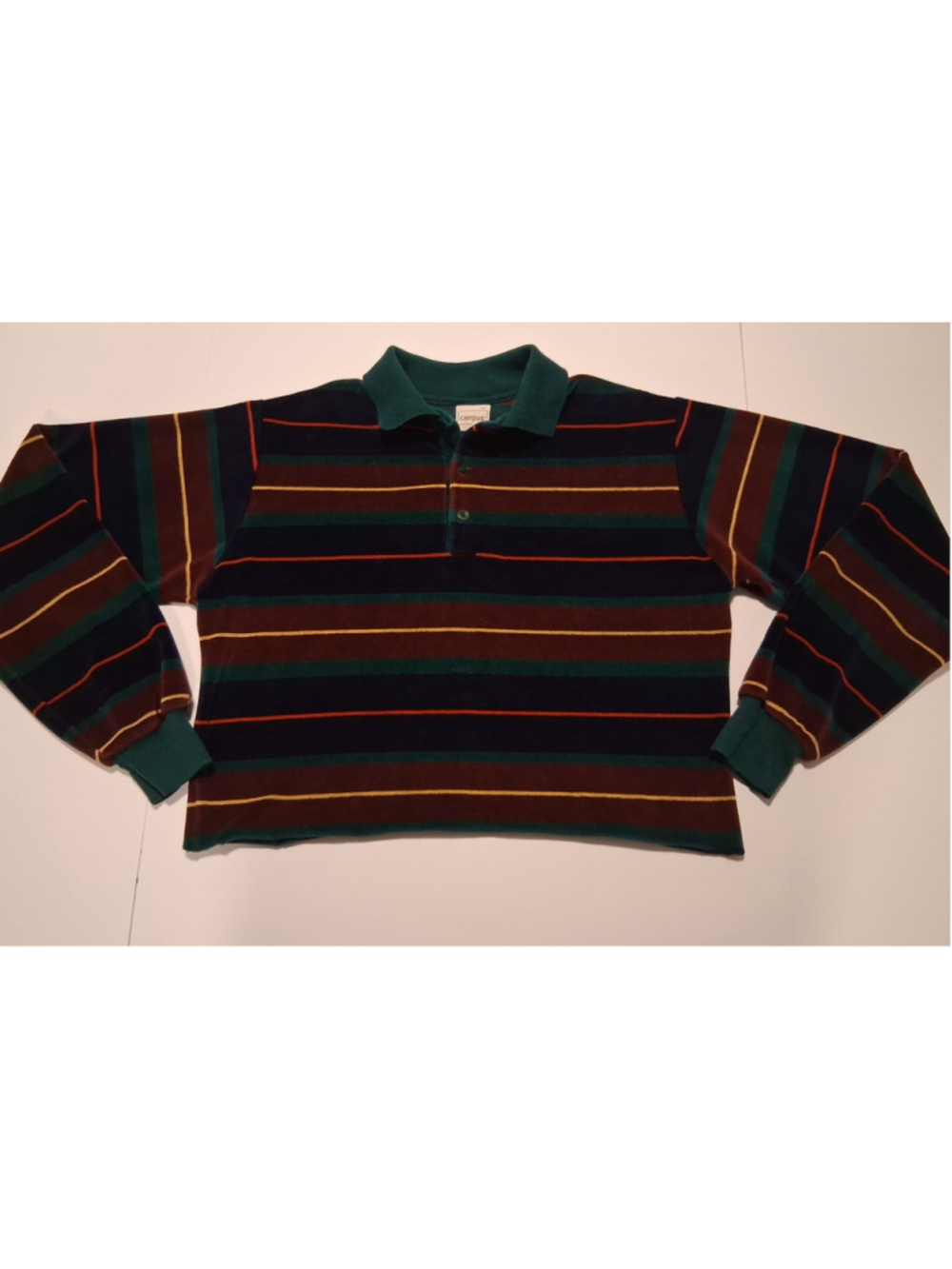 Vintage 70s Campus Velour Women's Medium Crop Boyfriend Polo Shirt Long Sleeve - Picture 6 of 10